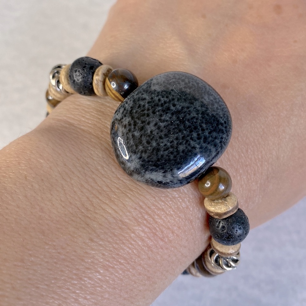 Ceramic tiger eye lava stone beaded bracelet silver